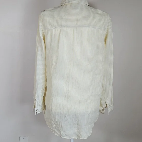 Sigrid Olsen SM Linen Butter Yellow White Striped Button Blouse Coastal Oversize - Picture 2 of 8